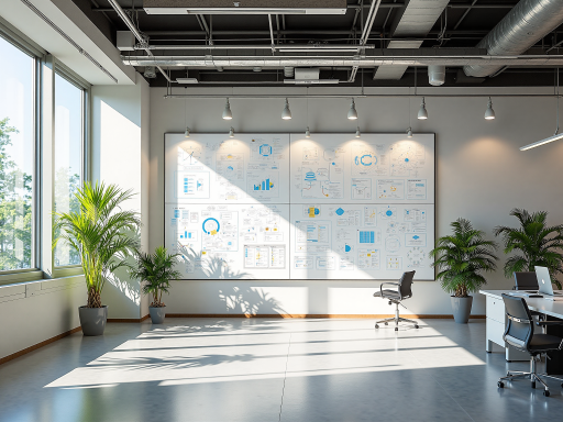 现代化办公环境，开放式办公室内几名年轻技术人员正在讨论项目，白色会议桌，笔记本电脑，墙面挂有公司文化海报，明亮自然光